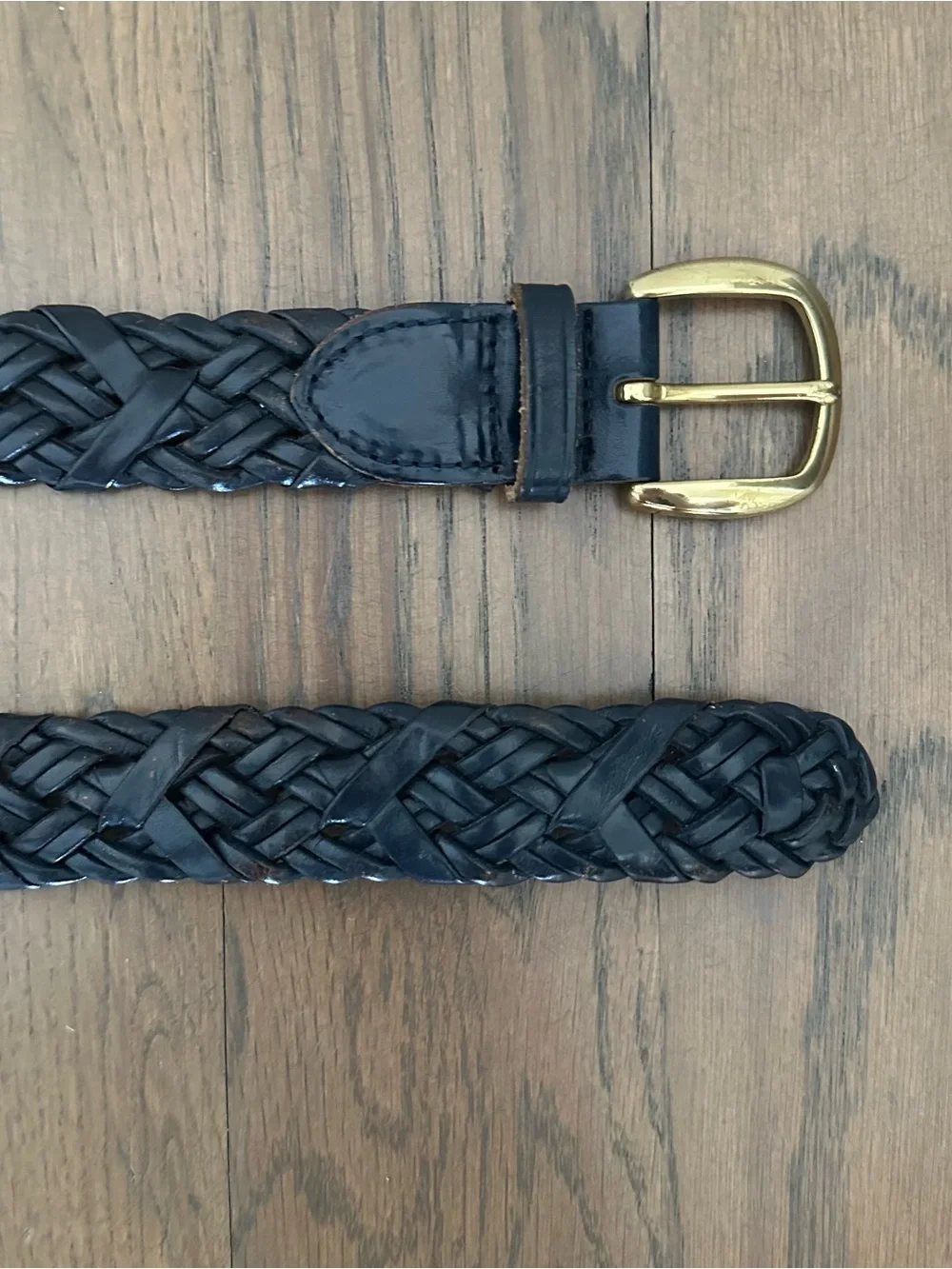 Vintage Talbots Braided Leather Belt Solid Brass Square Buckle Gloss Navy Large